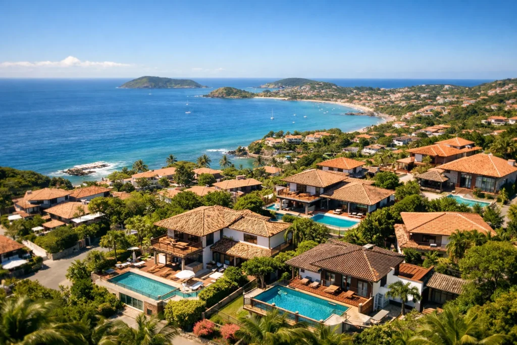Vista panorâmica de Búzios com casas de temporada