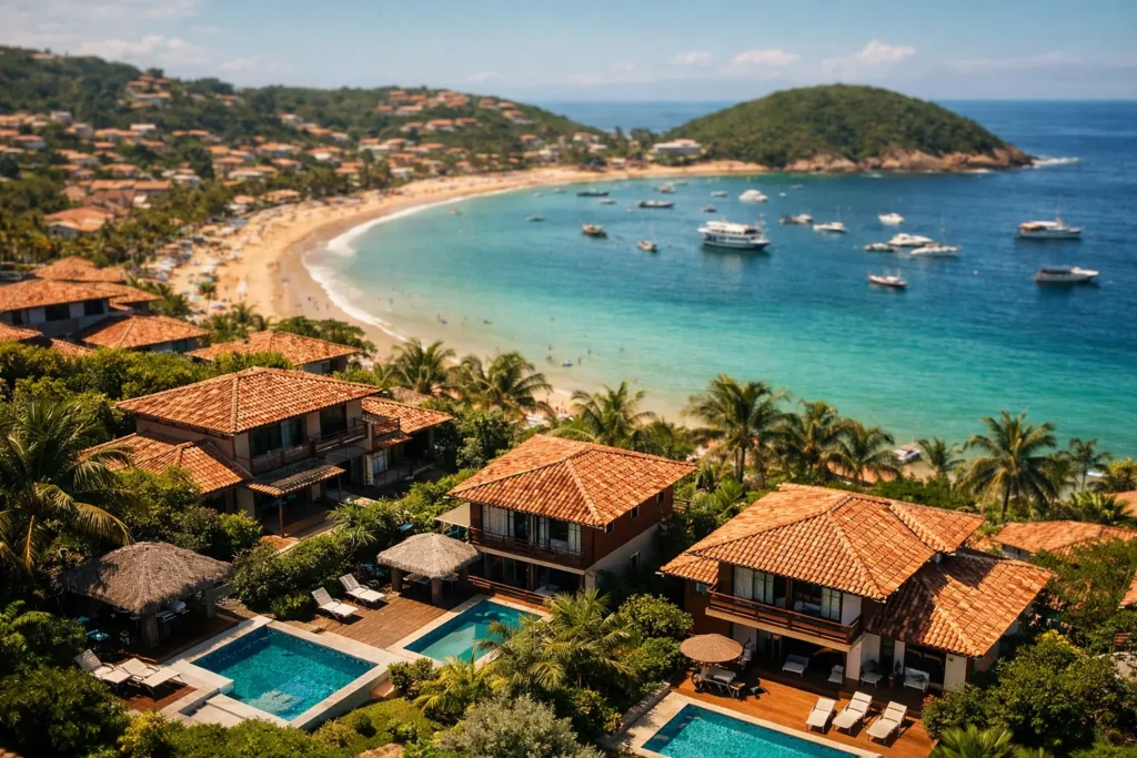 Vista panorâmica de Búzios com casas de temporada e praia ao fundo.
