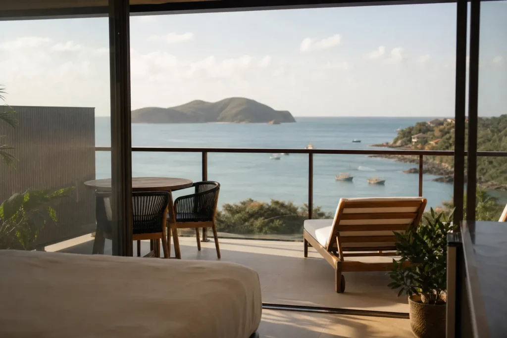 Vista de um apartamento em Búzios com varanda e vista para o mar