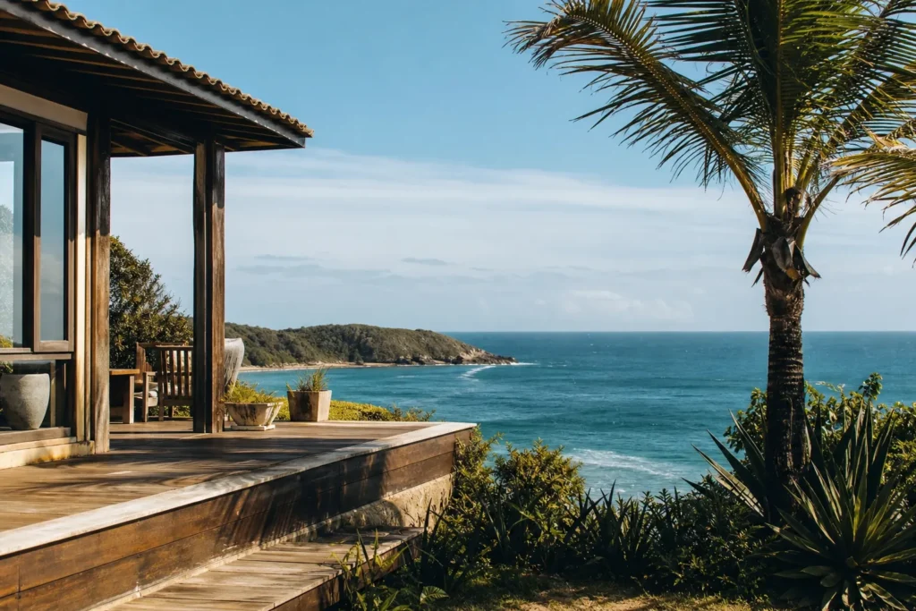 Vista de uma casa pé na areia em Búzios com o mar ao fundo