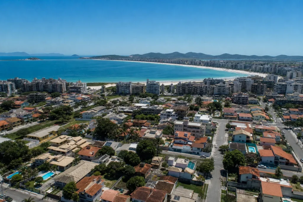 Vista aérea de Cabo Frio com casas e apartamentos